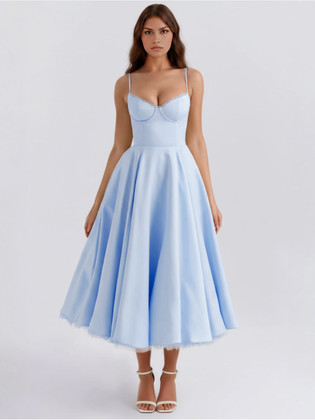 Almond Muse Selene Light Blue Fit-And-Flare Midi Dress With Spaghetti Straps